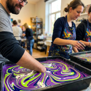Taller de body painting con técnica de body marbling, participante sumergiendo la mano en pintura