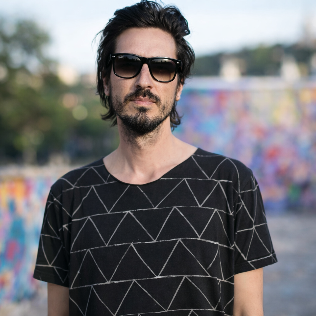 Jorge Ochagavía, muralista e ilustrador de Logroño afincado en Barcelona, retrato profesional con fondo de arte urbano.