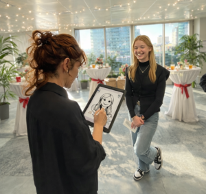 Jara Martínez realizando caricatura digital en vivo durante inauguración de oficinas en Barcelona.