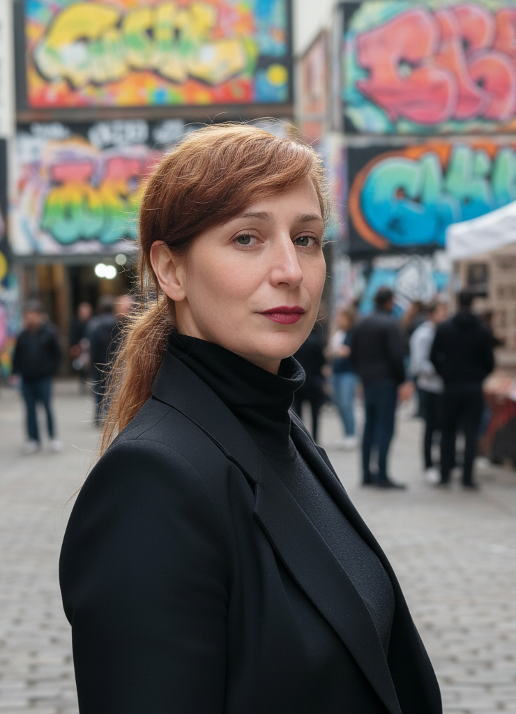 Edurne Gallego, artista multidisciplinar en Barcelona, retrato profesional en entorno urbano creativo.