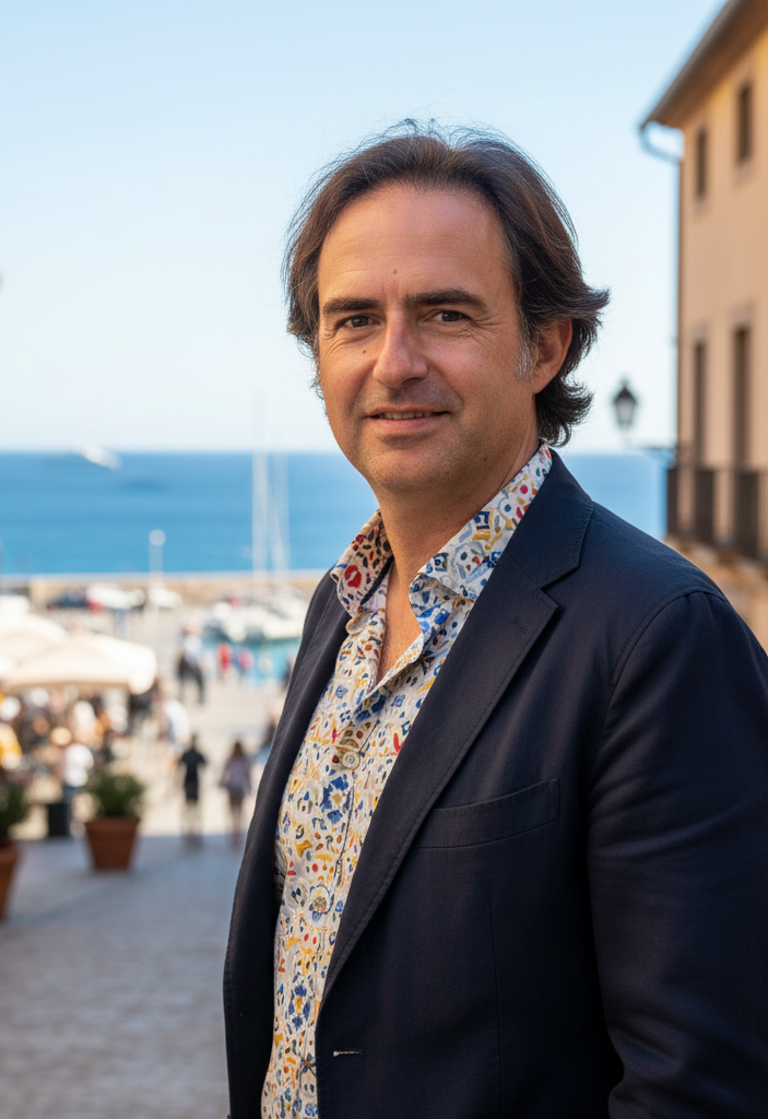 Toni Ortiz, artista de Girona especializado en shows de arte en vivo, retrato profesional en entorno urbano mediterráneo.