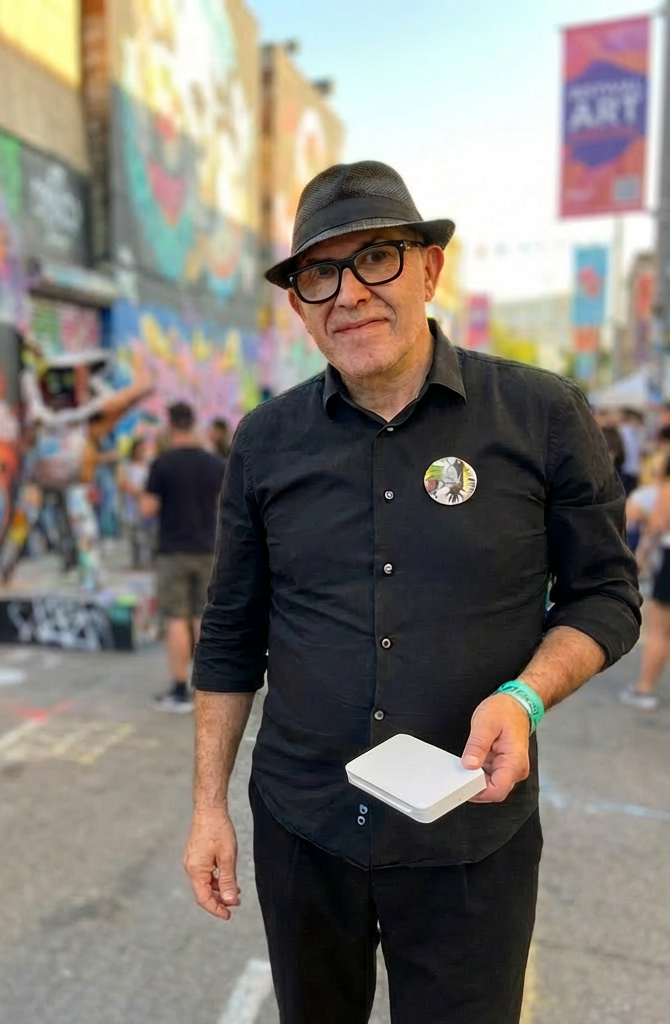 Pedro Espinosa, ilustrador y caricaturista de Logroño afincado en Barcelona, retrato profesional en festival de arte urbano.