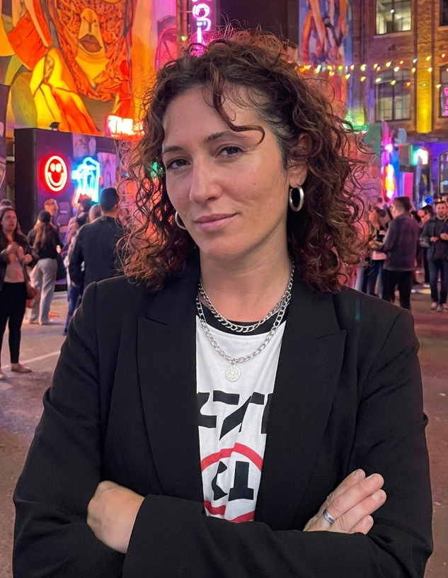Jara Martínez, artista entre Valencia y Barcelona, retrato profesional en entorno urbano festivo.