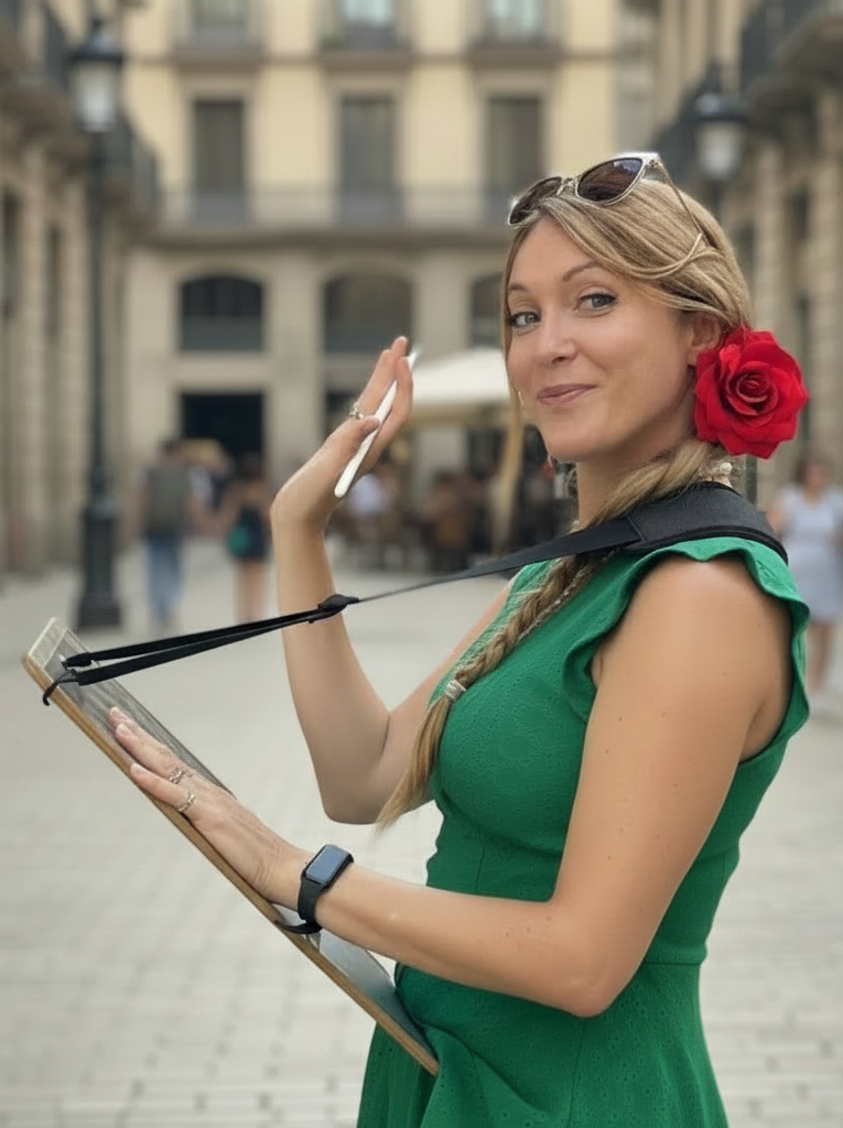 Elisa Speranza, artista en Barcelona, posando con tabla de dibujo y lápiz en el Barrio Gótico.